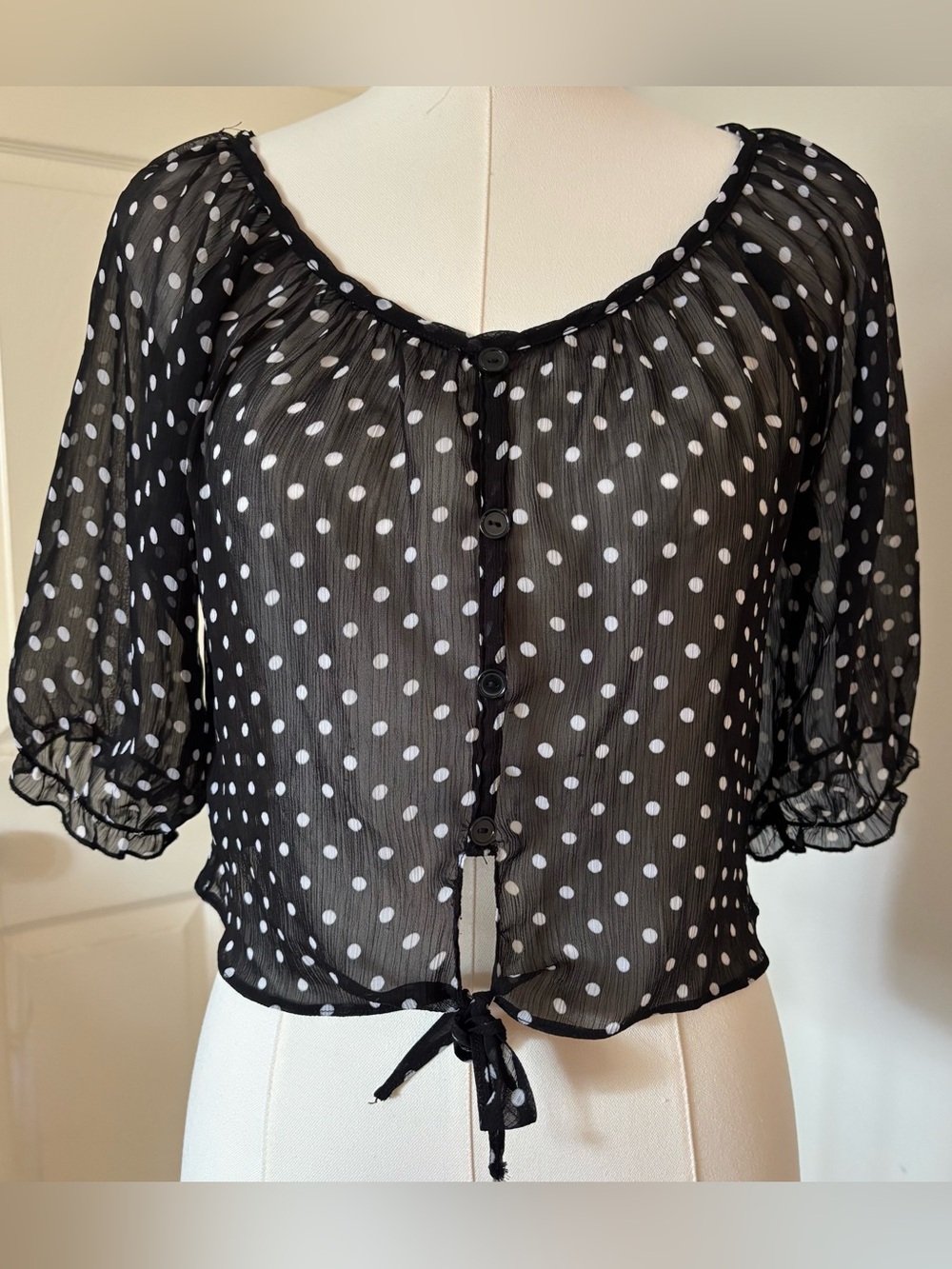 Color of Love Black White Sheer Polka Dot Tie Front Blouse S